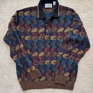 80/90s Vintage Men's Multicolor Coogi-style Italian Wool Blend Polo Sweater